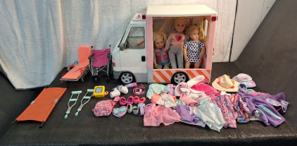 (1) Our Generation - Rescue Ambulance W/ 3-Dolls & Assorted Clothes & Accessories