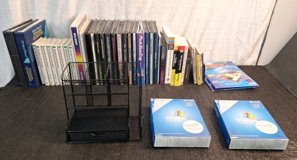 (1) Small Metal Desk Organizer, (2) Sealed Copies Of Windows XP Professional & Assorted Self Education Audio Tapes & Books