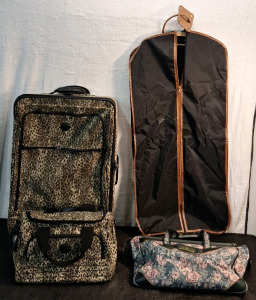 (1) Rolling Suitcase W/ Matching Totebag, (1) Hanging Bag & (1) Flowered Totebag