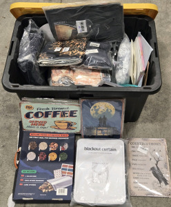 Large Plastic Storage Bin Filled w/ Assorted Amazon Items: Assorted Metal Posters, Blackout Curtain, Box of Mylar Food Storage Bags, Battlefield 1 Tote Bag, & Much More!