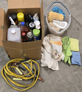 Box of Assorted Car Cleaning Supplies & Jumper Cables