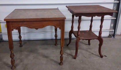 (1) 30"x 30"x 29" French Style Oak Wooden Table & (1) 24"x 24"x 30&frac12;" Wooden Side Table