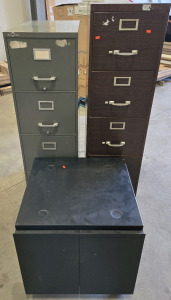 (2) Metal File Cabinets - 57&frac12;"H x 28⅛"D x 15"W , 52⅞"H x 28"D x 15"W & (1) Metal Rolling Storage Cabinet - 23⅛"H x 22&frac14;"D x 23&frac14;"W