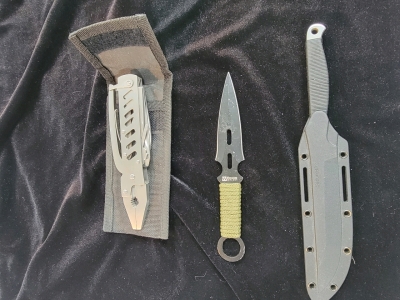 (1) "The Spike", (1) throwing knife, (1) military tool w/case