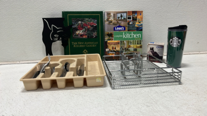 The New American Kitchen Garden Book, Lowe&rsquo;s Complete Kitchen Book, Silverware Set, (2) Utensil Holders,Coffee Grinder Accessory, Decorative Cat Over The DoorHanger, Starbucks Drink Tumbler