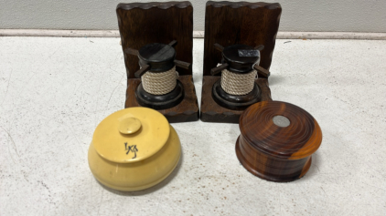 Vintage Japanese Coastal Book Ends, Vintage Japanese Celluloid Vanity Box, Vintage Jamaican Set Of 6 Coasters