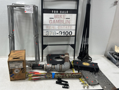 (1) Waterman Irrigation Relief Valve (8) 50 Gallon Trash Bag Metal Stands (45) Archery Arrows and More ..