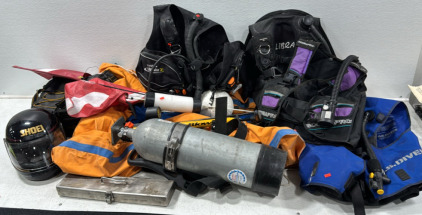 Assorted Skuba Equipment (1) Inflatable Boat (2) Diving buoy&rsquo;s w/Flags (1) Scuba Tank and Regulator (1) Soft Ice Chest and More ..