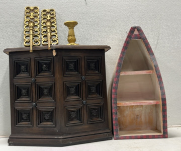 Small Chest,(2) Gold Wall Sconces, Gold Candle Holder, Wooden Hanging Or Standing Row Boat