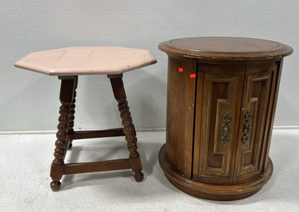(1) Vintage Round Table Measuring 19&rdquo;wide By 21.5&rdquo;Tall (1) Vintage Side Table Measuring 19.5Tall By 20&rdquo;Wide