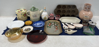 Assorted Kitchen Wear Some Vintage Some Not (1)Red Luminarc Arcoroe Cristal Plate (1)Vintage PeterRabit Cookie Jar (1)Vintage Bareuther Christmas 1983 Plate (1) vintage Pfaltzgraff Heirloon 2qt Casserole Dish and Much More .