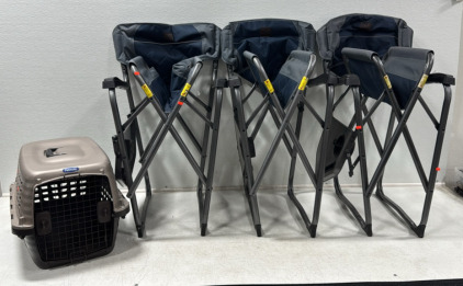 (3) TimberRidge Folding Outdoor Chairs (1) Pet Carrier Measuring 24&rdquo;Long 17&rdquo;Wide 19&rdquo;Long w/Dual Direction Opening Door