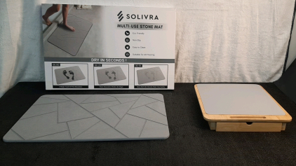 (1) Solivra Diatomaceous Earth Mat, 24"L x 16"W & (1) CenZen Bamboo Coffee Machine Slider Tray W/Drawer