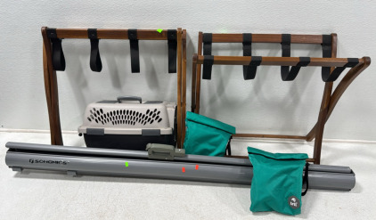 (1) Songmics Pulldown Awning (2) Luggage Stands (1)Small Pet Carrier (2) Travel Neck Pillows