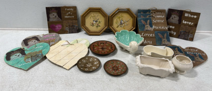 (3) Vintage Brass Hanging Plates (2) Vintage Framed Bird Pictures (1) Vintage Haeger Curved Bowl (1) Clam Shell Bowl (1) McCoy Pottery Planter (1)McCoy White Planter Vase And More &hellip;