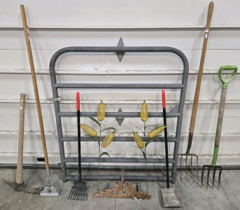 Assorted Hand Tools & Home Decor: Pitch Forks, Cooper Scooper, Metal Gate Door - 50&frac34;"H x 43&frac34;"W, Mounted Garden Hose Holder, & More!