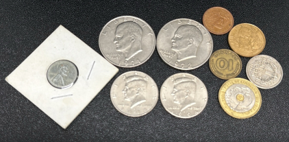 Coin Collection: Eisenhower Dollar, Kennedy Half Dollar, Lincoln Penny, Foreign Coins