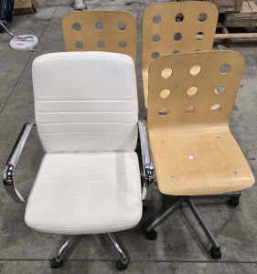 (3) Wood-Back Metal Frame Rolling Adjustable Height Swivel Chairs - 35&frac12;"H & (1) White Faux Leather Padded Metal Frame Adjustable Height Swivel Chair - 36&frac12;"H