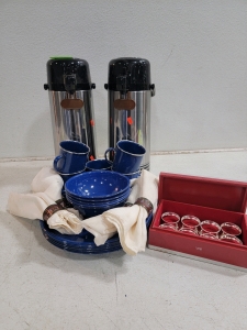 Camp dishes for 5, 2 Hot pot coffee dispensers, 2 sets napkins rings , (4 enamel, 8 silver)