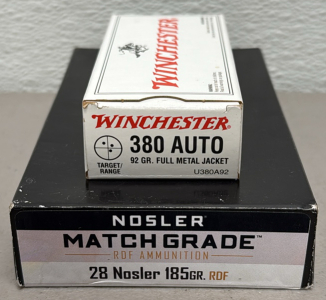 Nosler Match Grade 28 Nosler 185 Gr RDF & Winchester 380 Auto 92 Gr FMJ Ammo