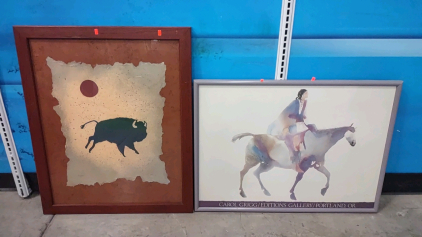 (1) 27&frac12;"x 33&frac12;" Vintage Mid-Century Wall Art-"Buffalo" By Andee & (1) 34&frac12;"x 25" 1985 Carol Grigg Editions Gallery Or.Native American Woman Signed