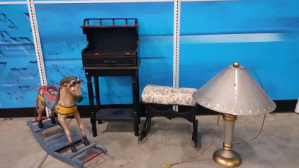 (1) Antique Restyled Telephone Cabinet, (1) Antique Rocking Horse, (1) Vintage Rocking Stool, & (1) Vintage Metal Scale Printed Lamp w/ Metal Shade