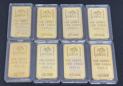(8) PAMP Suisse Lady Fortuna Gold Bar, 1 oz, 999.9 Purity, Plastic Casing (Believed To Be Replicas)