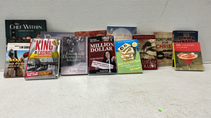 10 Assorted Books, (3) Peace And Religion, The Cook Within, 200 Cocktaols, Real Estate,Comedy, Love