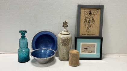 (2) Blue Silver Beaded Dishes, Blue Vintage Empoli Italian Nautical Glass Decanter, Large Crackle Stoneware Decanter, Roll Of Burlap Tooling, Picture By Harvey Dunn,Wood Burlap Post It Board