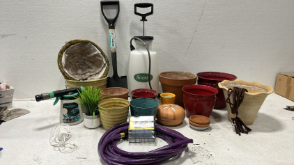 Garden Shovel, Sprayer,Assorted Garden Pots, Fake Plant, Crochet Plant Hanger, Chameleon Hose End Sprayer, Diffiser, Purple Hose, Bird Feeder, Large Ceramic Pot