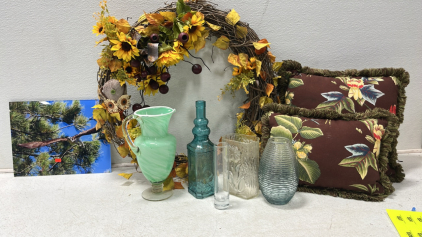 Green Swirl Glass Pitcher Clear Handle, Blue Decorative Bottle, (3) Vases, Summer Wreath, Eagle Picture, 2 Decorative Pillows