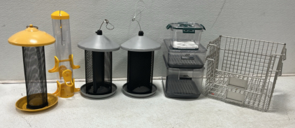 (4) Hummingbird Feeders, ( 3) Food Storage Containers (2) Wite Storage Bins,