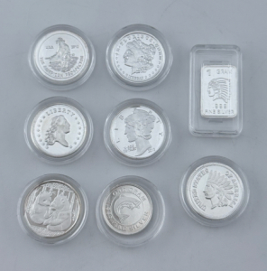 (8) Different 1 Gram .999 Silver Rounds & Bar