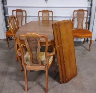 Vintage Cane Dining Table, 4-Vintage Dining Table Cane Chairs Floral Seat, 2-Vintage Dining Table Cane Chairs Orange Seat, & 3-Leaves for Table