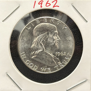 1962 Franklin Half Dollar Coin, 90% Silver, U.S. Mint
