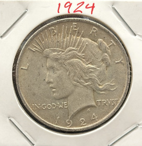 1924 United States Peace Dollar Coin, Silver Composition, Anthony de Francisci Design