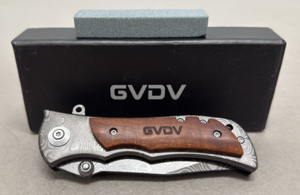 GVDV Folding Knife with Damascus Pattern Blade, Wood and Metal Handle