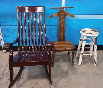 (1) Dark Brown Rocking Chair, (1) "Cow Hide" Style Stool, & (1) Nordic Style Wooden Chair w/ Secret Compartment