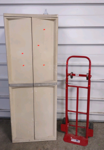 (1) Milwaukee (Red) Hand Truck & (1) 25&frac12;"x 17&frac12;"x 69" (Tan) Plastic Storage Cabinet w/ Adjustable Shelves
