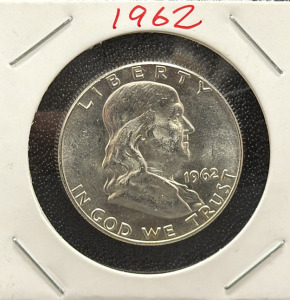 1962 Franklin Half Dollar, 90% Silver, No Mint Mark, U.S. Coin
