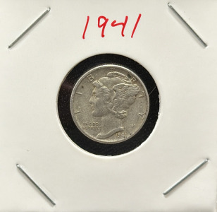 1941 Mercury Dime, 90% Silver, No Mint Mark