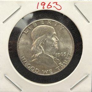 1963 Franklin Half Dollar, 90% Silver, No Mint Mark, Benjamin Franklin