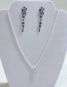 (1) .925 Silver Cross Necklace & (1) Floral Leaf Pattern Dangled Earrings