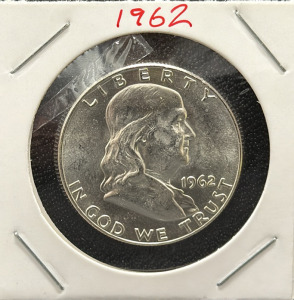 1962 Franklin Half Dollar, 90% Silver, Liberty Bell & Benjamin Franklin Design