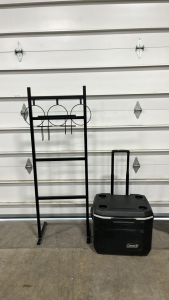 Coleman Cooler With Handle On Wheels, Black Wrought Iron Decorative Stand
