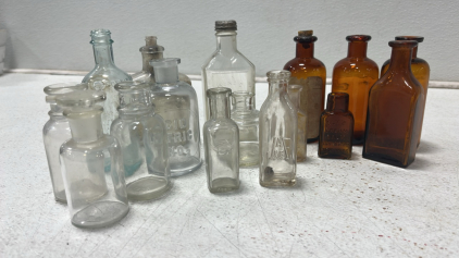 Assorted Vintage Bottles, including Eli Lilly, Hinds Honey Almond Cream Bottle, 1910 Acid Nitric HNO Bottle, Sanford Ink Bottle, Vintage Kraft Cheese Jar