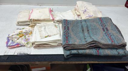 Antique Table Cloths, Pillpw Cases, Doilies, Table Runners, Place Mats, Napkins, Large Blue Indian Pattern Blanket
