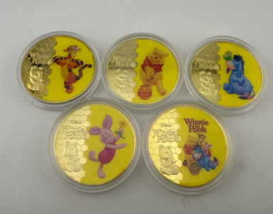 (5) Gold Plated Disney Winnie The Pooh Characters Coins