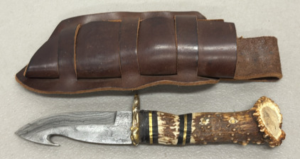 Custom Damascus Steel Hunting Knife with Antler Handle, Leather Sheath