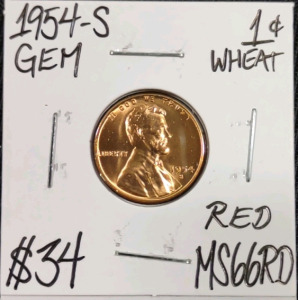 1954-S MS66RD Red Gem Wheat Copper Cent